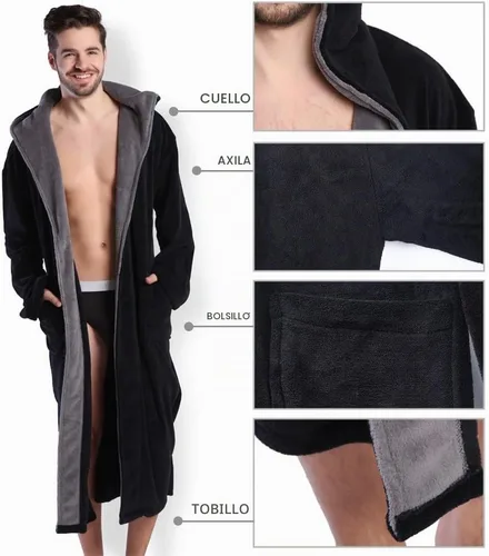 Vista 4 de KEMUSI Bata suave tipo herringbone con capucha para hombre, bata de spa de longitud completa, cómoda y cálida de noche Negro