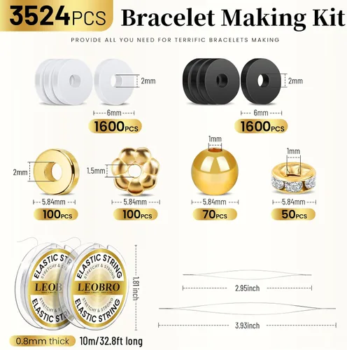Vista 3 de LEOBRO Kit de fabricación de pulseras de cuentas de arcilla, 3524 cuentas blancas, negras y doradas para pulseras, cuentas para hacer joyas
