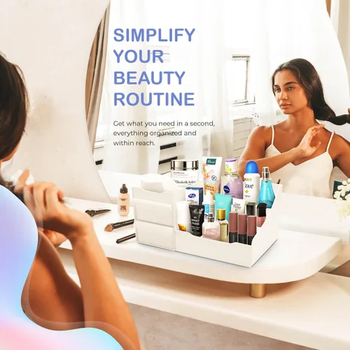 Vista 6 de Mantello Organizador de maquillaje para tocador - Organizador de cosméticos blanco con múltiples compartimentos para maquillaje y artículos de aseo
