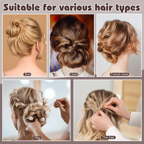 Vista 6 de Juego de 480 horquillas para el cabello, horquillas en forma de U para moños, horquillas para el cabello para mujeres, bandas de goma