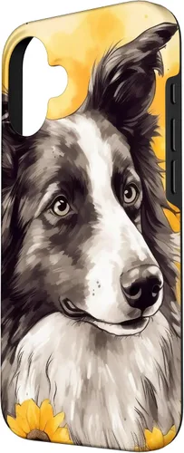 Vista 2 de iPhone 16 Border Collie Dog Watercolor Sunflower Border Collie Case