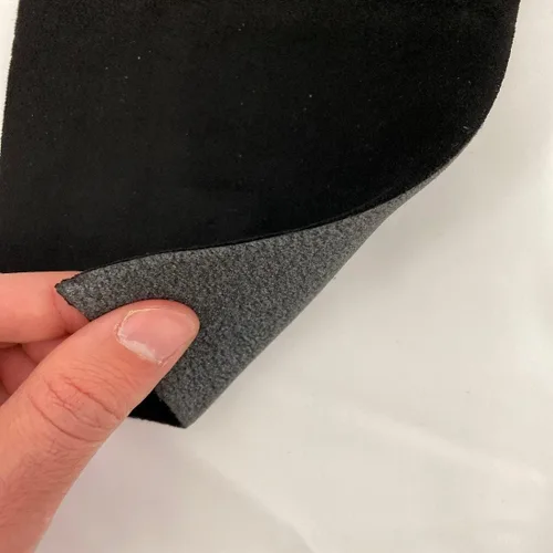 Vista 2 de Tela de tapicería automotriz con respaldo de espuma de gamuza elástica de lujo, color negro, se vende por yarda, 58 pulgadas