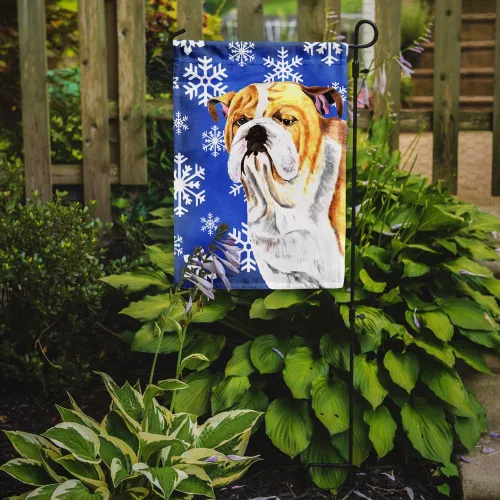 Vista 2 de Caroline's Treasures SC9374GF Bulldog English Snow flakes Holiday Garden Flag Buzón Bandera decorativa para patio exterior, patio, obras de arte