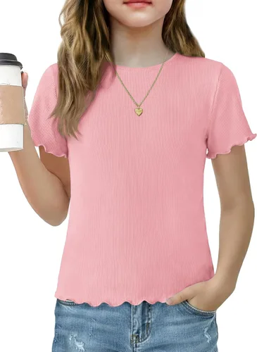 Vista 22 de Arshiner Camisas de manga corta con ribete de lechuga para niñas, camisetas de verano acanaladas con cuello redondo Blanco