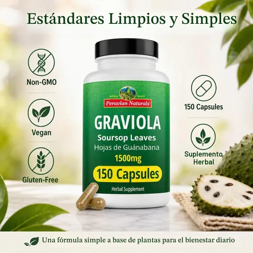Vista 4 de Peruvian Naturals Graviola - Cápsulas de guanábana, 150 unidades, 1500 mg