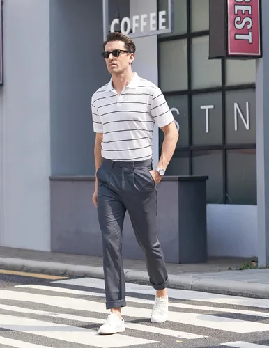 Vista 3 de COOFANDY Polo de manga corta para hombre, ajuste clásico, casual, ligero, a rayas, atlético, de golf