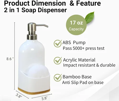 Vista 3 de Clasin Home Dispensador de jabón de cocina con soporte para esponja, dispensador de jabón acrílico recargable de 17 onzas para fregadero de cocina
