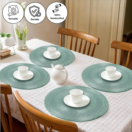 Vista 2 de Manteles individuales de 13 pulgadas con cuentas redondas para mesa de comedor - Manteles decorativos con cuentas de vidrio y respaldo de algodón