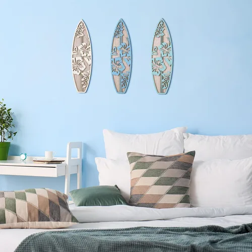 Vista 5 de RattanView 3 piezas de decoración de tabla de surf para dormitorio, decoración de pared de playa de madera, tabla de surf de madera de verano