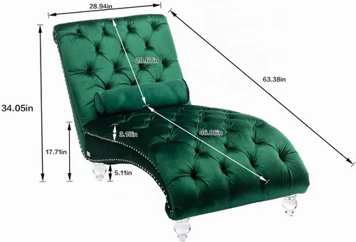 Vista 2 de Tumbona de terciopelo con almohada, moderna silla de descanso con botones copetudos con patas acrílicas, silla tapizada para interiores para sala