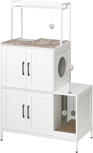 Vista 10 de HOOBRO Mueble para Caja de Arena para Gatos, Mueble Oculto para Caja de Arena 2 en 1 con Estante, Gabinete Doble para Caja de Arena con 2 Pelotas