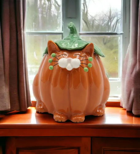 Vista 6 de Cosmos Gifts Caja de caramelos con diseño de gato y calabaza de cerámica fina, 14.9 cm H