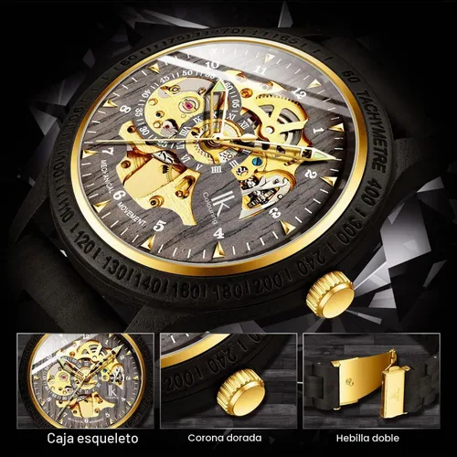 Vista 5 de IK COLOURING Relojes de lujo mecánico de madera caso esqueleto Lumious automático automático ligero cuero genuino pulsera/reloj de pulsera con banda