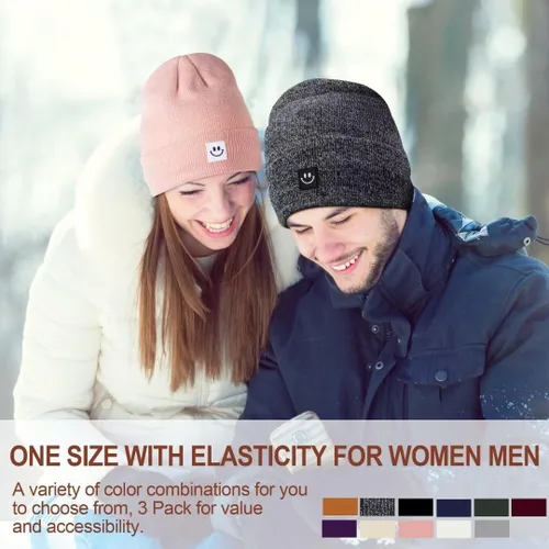 Vista 5 de Hispeka Gorro de punto con cara sonriente para mujeres y hombres, paquete de 3 gorros con puños para invierno, hombres, mujeres, adultos