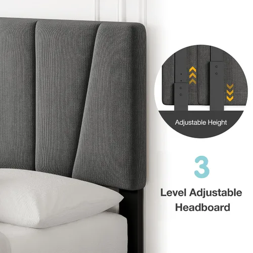Vista 4 de Garvee Base de cama de tamaño individual con cabecera ajustable, base de colchón, no necesita somier, base de cama tapizada de lino con listones