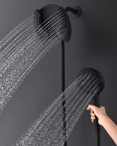 Vista 2 de Cabezal de ducha 2 en 1 con combo de mano de alta presión, color negro, 2.5 GPM 7.2" Rain Showerhead and 9 Spray Hand Held Shower, Adjustable