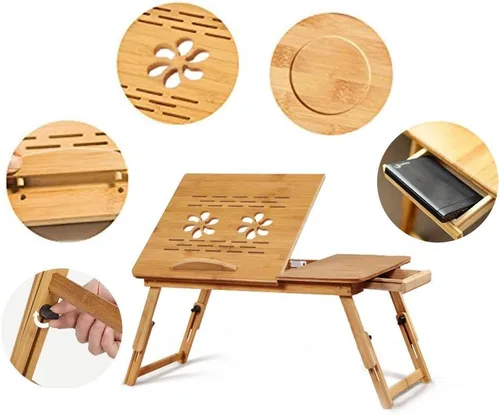 Vista 2 de Bandeja de bambú con patas ajustables Bandeja plegable para servir desayuno Escritorio de regazo con cajón superior inclinable y lateral