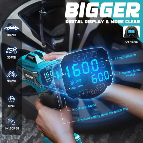 Vista 3 de Compresor de aire para inflador de neumáticos compatible con batería Makita de 18 V, bomba de aire eléctrica portátil inalámbrica LIVOWALNY de 160