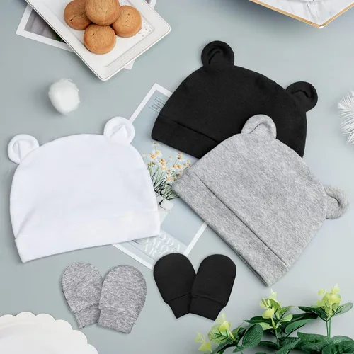 Vista 4 de DRESHOW Gorro de recién nacido con orejas de oso y manoplas, conjuntos de gorro de algodón para prematuros, gorro de bebé para niño y niña, gorro