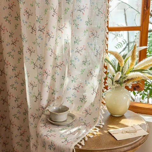 Vista 6 de Cortinas florales de granja semiopacas para sala de estar, de 63 pulgadas de largo, mezcla de lino y algodón, paneles de cortina de ventana cortos