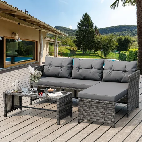 Vista 10 de Shintenchi Juego de 3 muebles de patio al aire libre, juego de conversación de mimbre para patio, sofá de mimbre para todo tipo de clima, sofá