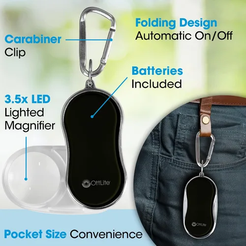 Vista 2 de OttLite Lupa LED de bolsillo con clip de mosquetón, color negro Lupa LED de bolsillo 3.5x Encendido/apagado automático Clip de mosquetón
