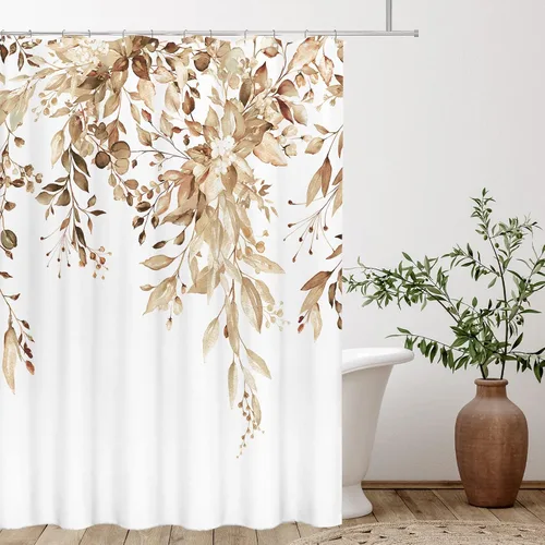 Vista 89 de Tititex - Juego de cortinas de ducha de eucalipto negro, hojas de acuarela gris en la parte superior, con decoración floral de baño, 60 x 72