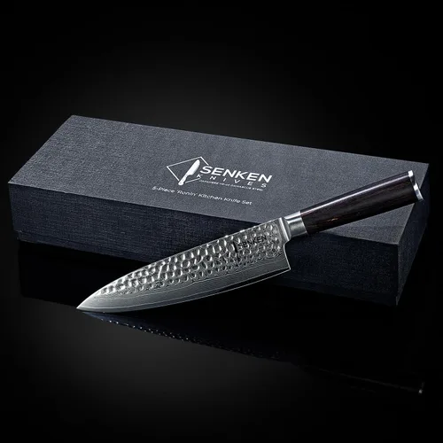 Vista 7 de SENKEN Damasco - Juego de cuchillos de 5 piezas, colección Ronin con núcleo de acero japonés VG10, cuchillos de chef con mango de madera, Santoku