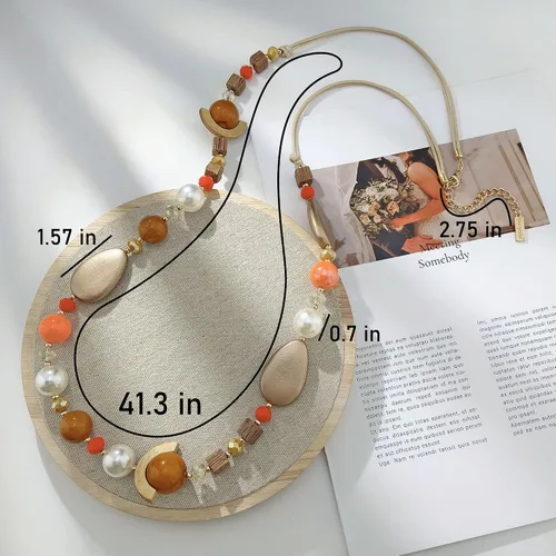 Vista 7 de BERYOHZ Collar largo empalmado de cuerda encerada con cuentas de madera acrílica en contraste para mujer, 40 pulgadas
