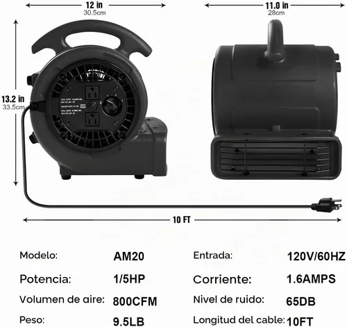 Vista 3 de MOUNTO Ventilador Air Mover de 1/5 hp de 800 cfm, ventilador de secado de pisos, motor de aire compacto de 3 velocidades con doble salida, cable