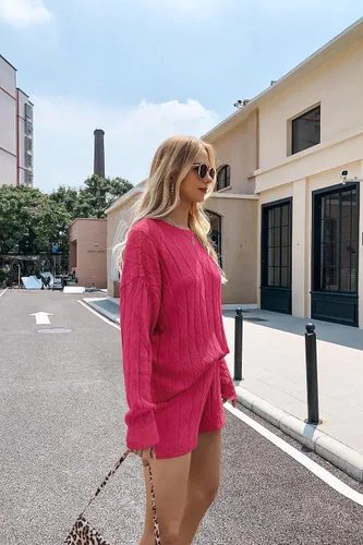 Vista 5 de Ekouaer Conjunto de 2 piezas de suéter de manga larga y pantalones cortos para mujer