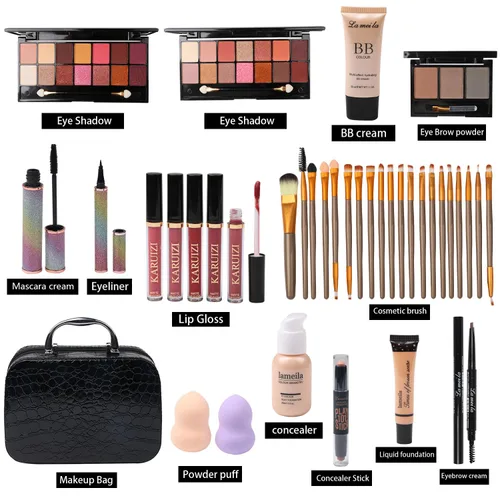 Vista 2 de Kit de maquillaje todo en uno, kit completo multiusos esencial con paleta de sombras de ojos, brillo de labios, base, rímel, lápiz de cejas