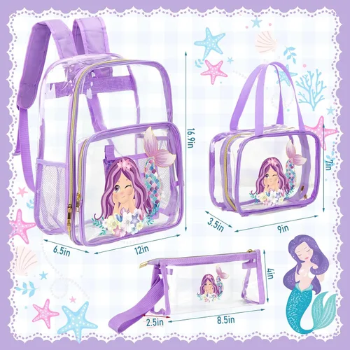 Vista 3 de Kacctyen Mochila transparente de 3 piezas, resistente y transparente, con bolsa de almuerzo, Púrpura