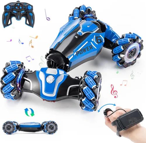 Vista 11 de Coche Acrobático RC con Sensor de Gestos, 4WD Drift Controlado a Mano con Giros de 360°, Truco de Luces y Música, Coche de Juguete es un Genial Azul