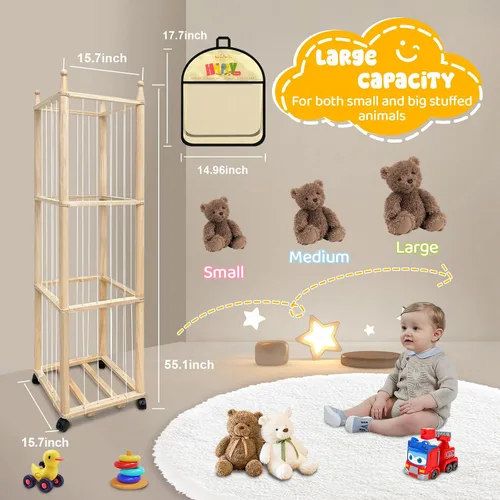 Vista 2 de Pmbqifay Organizador de animales de peluche, lindo animal de peluche de madera para almacenamiento de zoológico, jaula de juguetes de peluche