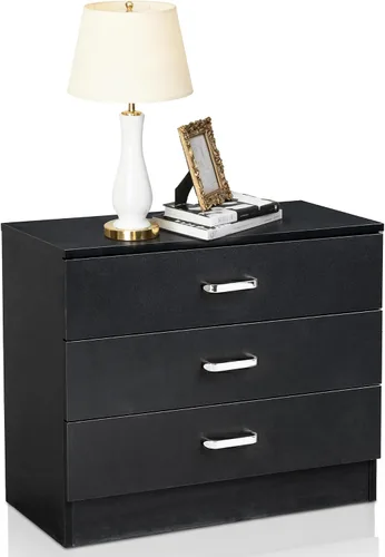 Vista 3 de Vasitelan Cómoda de madera con 3 cajones, cómoda de almacenamiento moderna, mesita de noche de madera para dormitorio, sala de estar (negro)