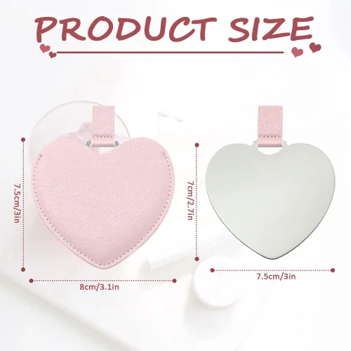 Vista 7 de Espejo compacto de acero inoxidable, espejo de bolsillo inastillable en forma de corazón con funda de piel sintética, mini espejo irrompible