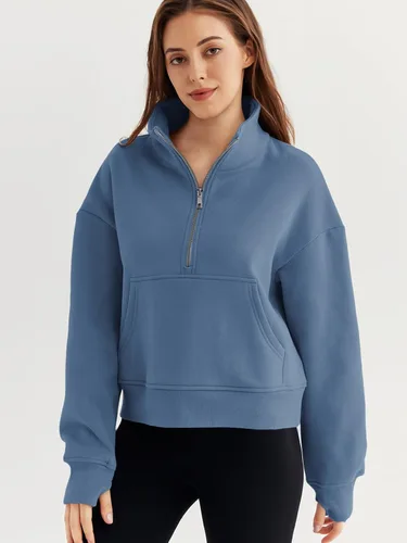 Vista 2 de EFAN Sudaderas cortas para mujer, con media cremallera, forro polar, con cremallera de un cuarto, sudaderas con capucha 2023, ropa de moda de otoño