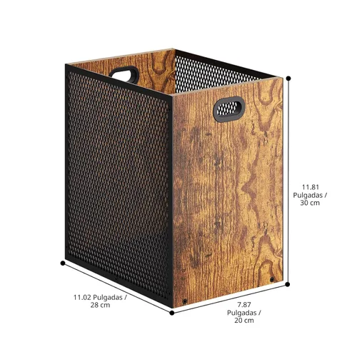 Vista 7 de Huxitocan - Cubo de basura retro para oficina, combinación de hierro y madera para dormitorio, cesta de basura rectangular con asa, diseño