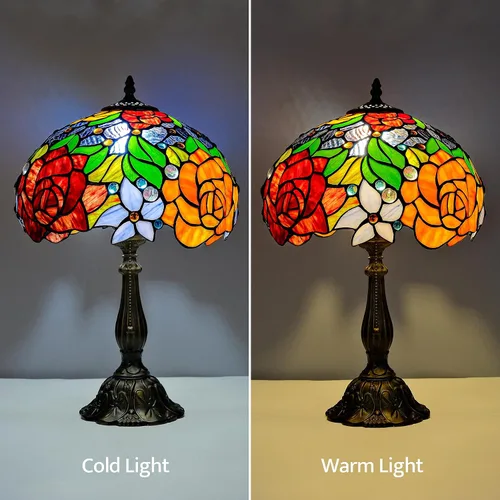 Vista 5 de Tiffany Style Stained Glass Table Lamp, Floral Pattern Desk Light with Antique Bronze Resin Base, Red Roses Decorative Lighting for Bedroom, Living