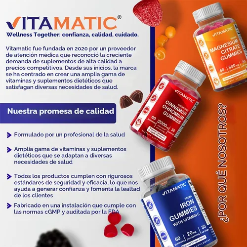 Vista 7 de Gomitas de complejo de vitamina B Vitamatic con vitamina C e inositol - Sabor natural a fresa - 60 gomitas (1 botella) Con B12, B9, B7, B6, B5