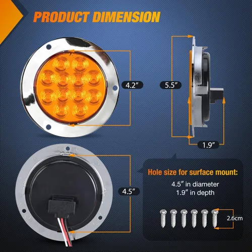 Vista 2 de Nilight Luces traseras para remolque, 2 unidades, 4 pulgadas, redondas, 12 LED, ámbar, cromado, marco, marcador, señal de giro, luz trasera