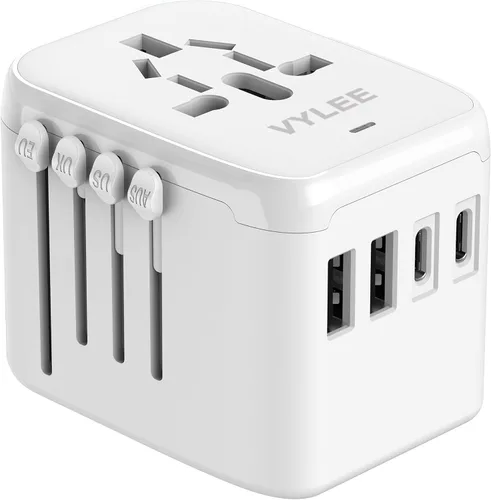 Vista 13 de VYLEE - Adaptador de viaje universal, adaptador de corriente internacional 5 en 1, cargador de pared 3.5A 2xUSB-A y 2 USB C, enchufe esencial