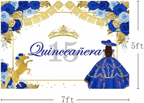 Vista 3 de AIBIIN Fondo de quinceañera azul de 7 x 5 pies para quinceañera para cumpleaños de 15 años, telón de fondo de fiesta mexicana, corona de rosa