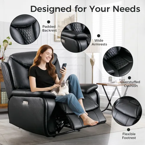 Vista 4 de HAOMARKETS Silla reclinable eléctrica, sillón reclinable eléctrico de piel sintética suave con respaldo acolchado, sofá reclinable de alta Negro