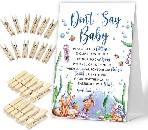 Vista 12 de No digas juego de bebé, Here Comes the Sun, juego de baby shower incluye letrero de baby shower y 50 pinzas para la ropa, decoración de baby shower
