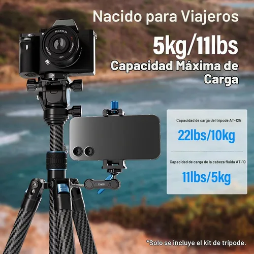 Vista 8 de SIRUI Trípode de fibra de carbono ligero de 2 libras con cabezal fluido panorámico, trípode de cámara compacto de 59.8 pulgadas, configuración