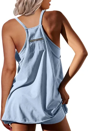 Vista 3 de NATRAKI Vestido atlético para mujer, minivestido de tiro caliente, enterizo de gran tamaño, bolsillos y pantalones cortos integrados, verano 2023