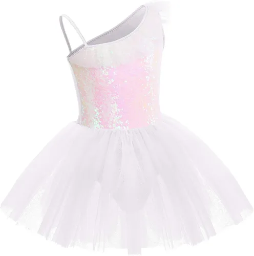 Vista 2 de IDOPIP Vestido de ballet con lentejuelas y volantes de un hombro para niñas, tutú con falda, leotardo de bailarina, traje de baile para niños