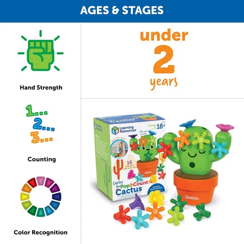 Vista 5 de Learning Resources Carlos the Pop & Count Cactus - 16 piezas, a partir de 18 meses, juguetes Montessori para niños pequeños, forma apilable